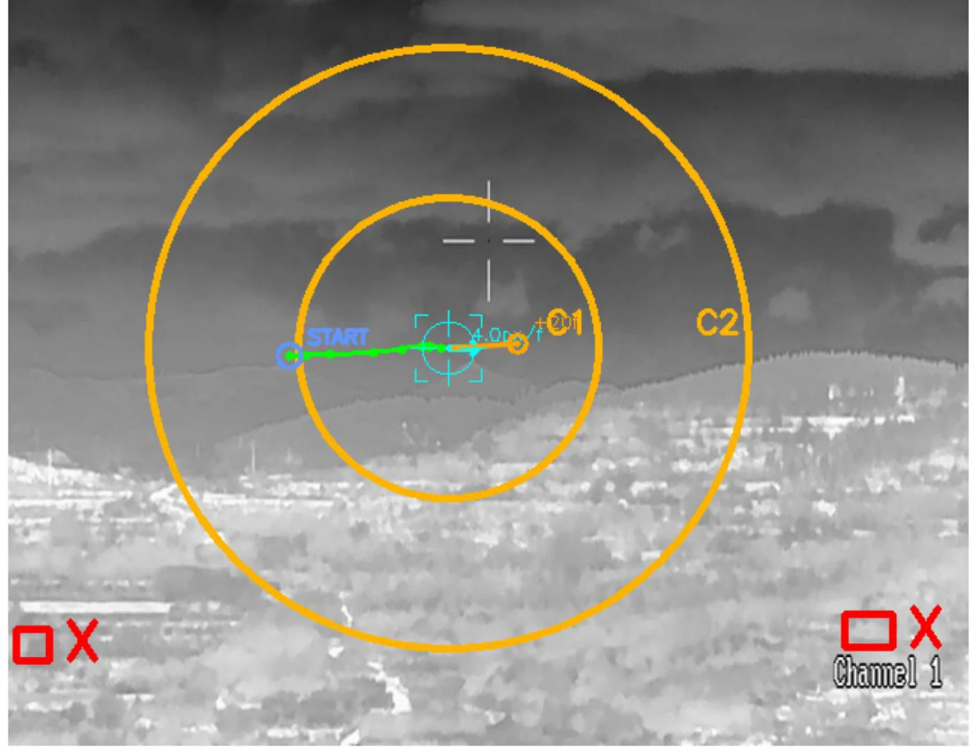 Temporal-coherence filtering in an operational thermal scene. The true UAV track remains consistent with the predicted path, while thermally salient but motion-incoherent false alarms are rejected.